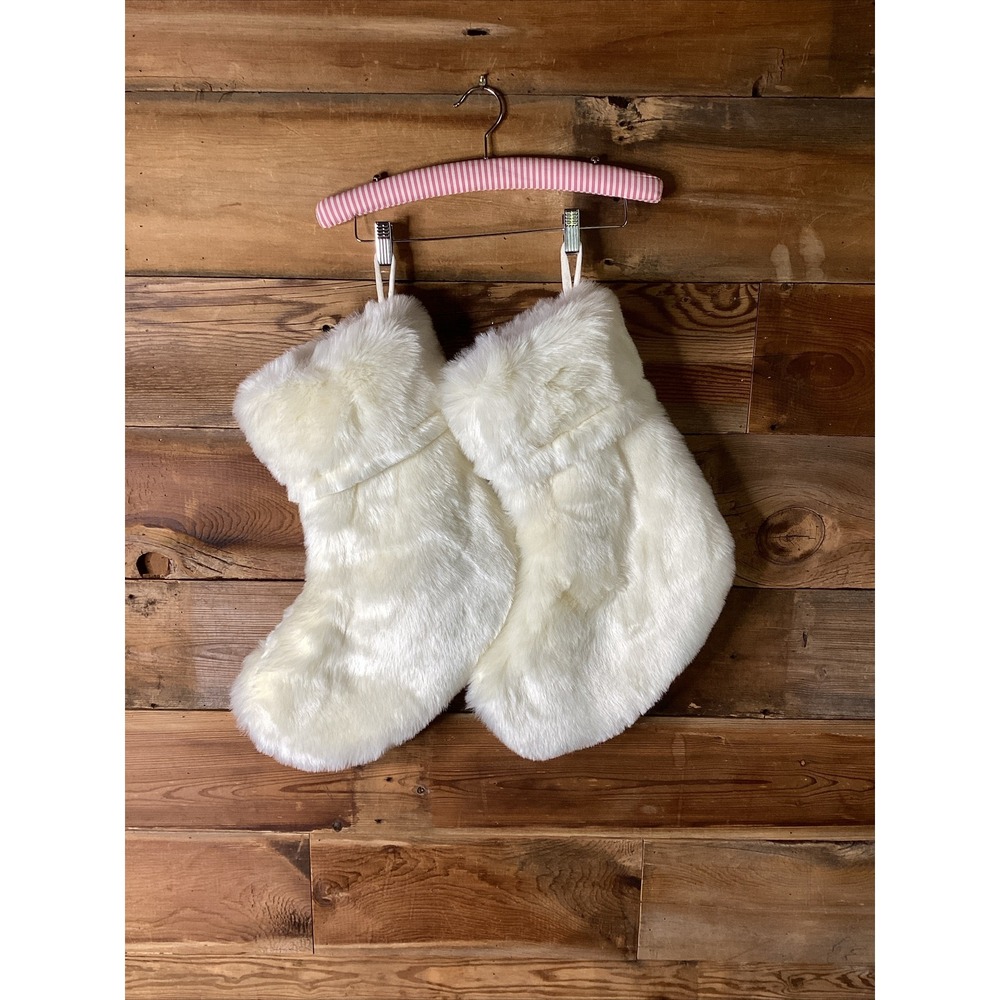 Tahari Cream Faux Fur/Shag CHRISTMAS STOCKINGS 19"Set Of (2)